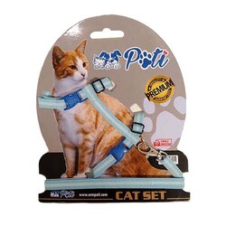 Pati Turkuaz Şeritli Kedi Göğüs Tasması + Uzatma - Diğer / Other
