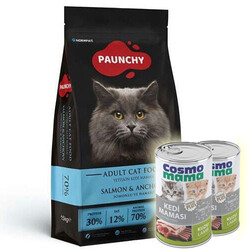 Paunchy - Paunchy Somonlu ve Hamsili Kedi Maması 15 Kg + 2 Adet Cosmo Konserve 415 Gr