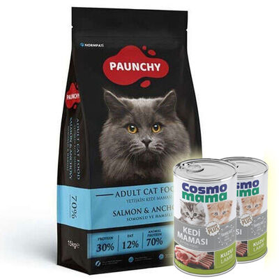 Paunchy Somonlu ve Hamsili Kedi Maması 15 Kg + 2 Adet Cosmo Konserve 415 Gr