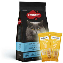 Paunchy - Paunchy Somonlu ve Hamsili Kedi Maması 15 Kg + 5 Adet Dr Sacchi 4 lü Creamy Ödül