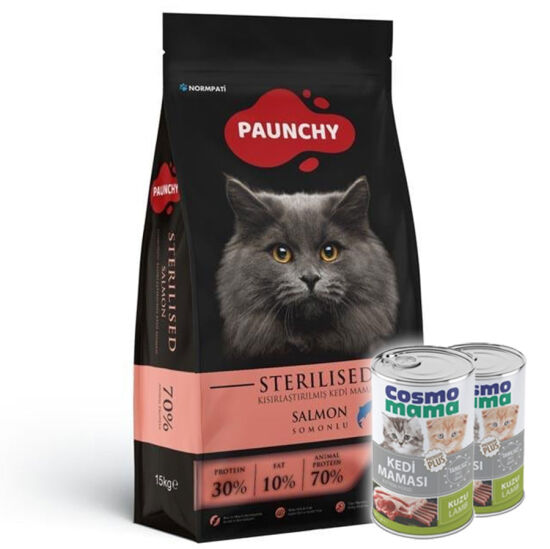 Paunchy Sterilised Somonlu Kısırlaştırılmış Kedi Maması 15 Kg + 2 Adet Cosmo Konserve 415 Gr - 1