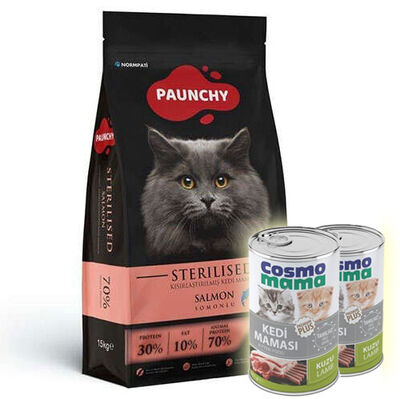 Paunchy Sterilised Somonlu Kısırlaştırılmış Kedi Maması 15 Kg + 2 Adet Cosmo Konserve 415 Gr