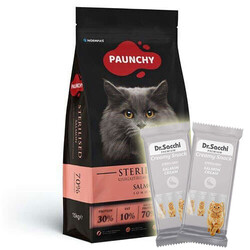 Paunchy - Paunchy Sterilised Somonlu Kısırlaştırılmış Kedi Maması 15 Kg + 5 Adet Dr Sacchi 4 lü Creamy Ödül