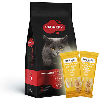 Paunchy Lamb Kuzu Etli Kedi Maması 15 Kg + 5 Adet Dr Sacchi 4 lü Creamy Ödül