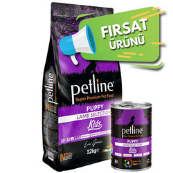 Petline - Petline Kids Puppy Kuzu Etli Yavru Köpek Maması 12 Kg + 4 Adet Petline Konserve 400 Gr