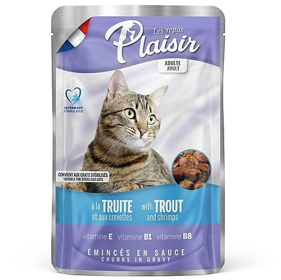 Plaisir Pouch Alabalık ve Karidesli Soslu Parçalı Kısırlaştırılmış ve Yetişkin Kedi Yaş Maması 100 Gr - 1