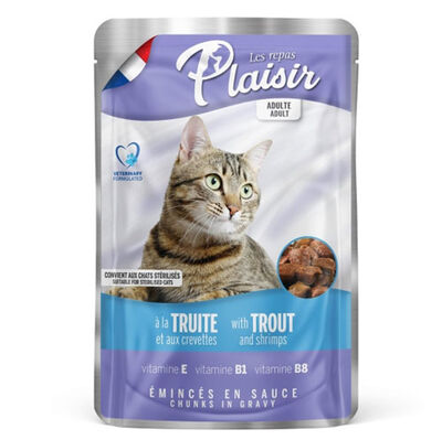 Plaisir Pouch Alabalık ve Karidesli Soslu Parçalı Kısırlaştırılmış ve Yetişkin Kedi Yaş Maması 100 Gr