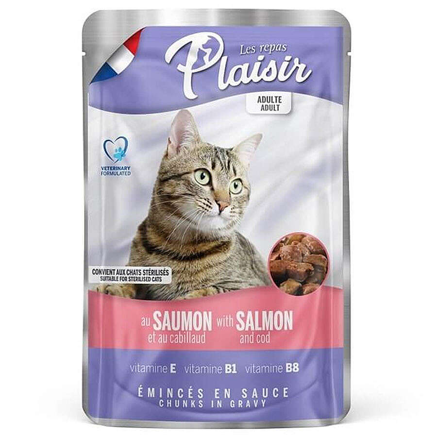 Plaisir Pouch Somon ve Morina Balıklı Soslu Parçalı Kısırlaştırılmış ve Yetişkin Kedi Yaş Maması 100 Gr