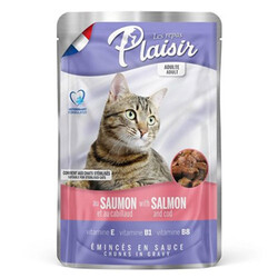 Plaisir - Plaisir Pouch Somon ve Morina Balıklı Soslu Parçalı Kısırlaştırılmış ve Yetişkin Kedi Yaş Maması 100 Gr