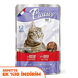 Plaisir Pouch Soslu Sığır ve Hindi Parçalı Kısırlaştırılmış ve Yetişkin Kedi Yaş Maması 100 Gr - Plaisir