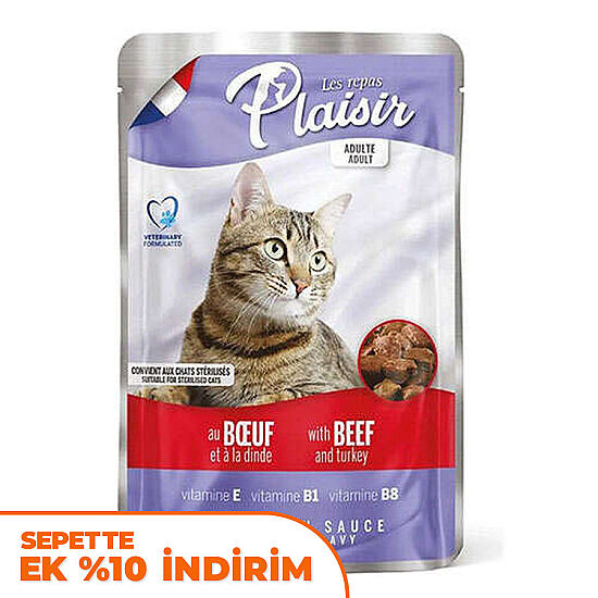 Plaisir Pouch Soslu Sığır ve Hindi Parçalı Kısırlaştırılmış ve Yetişkin Kedi Yaş Maması 100 Gr - 1