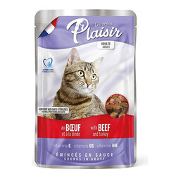 Plaisir - Plaisir Pouch Soslu Sığır ve Hindi Parçalı Kısırlaştırılmış ve Yetişkin Kedi Yaş Maması 100 Gr