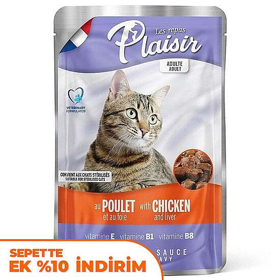 Plaisir Pouch Soslu Tavuk Eti ve Ciğer Parçalı Kısırlaştırılmış ve Yetişkin Kedi Yaş Maması 100 Gr - 1