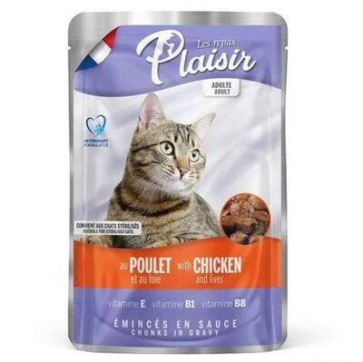 Plaisir Pouch Soslu Tavuk Eti ve Ciğer Parçalı Kısırlaştırılmış ve Yetişkin Kedi Yaş Maması 100 Gr