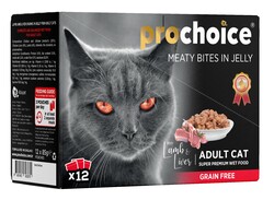 Pro Choice - Pro Choice Pouch Family Pack Jöle İçinde Kuzulu ve Ciğerli Tahılsız Yaş Kedi Maması 85 Gr x 12 Adet