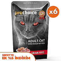 Pro Choice Pouch Jöle İçinde Kuzulu ve Ciğerli Tahılsız Yaş Kedi Maması 85 Gr x 6 Adet - Pro Choice