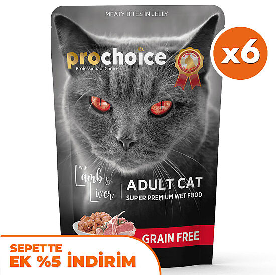 Pro Choice Pouch Jöle İçinde Kuzulu ve Ciğerli Tahılsız Yaş Kedi Maması 85 Gr x 6 Adet - 1