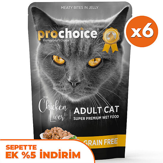 Pro Choice Pouch Jöle İçinde Tavuklu ve Ciğerli Tahılsız Yaş Kedi Maması 85 Gr x 6 Adet - 1