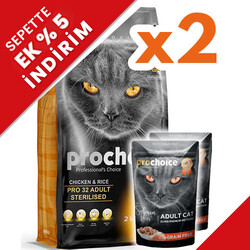 Pro Choice - Pro Choice Pro32 Kısırlaştırılmış Tavuklu Kedi Maması 2 Kg x 2 Adet + 2 Adet 85 Gr Yaş Mama