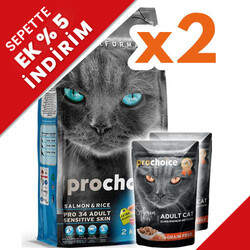 Pro Choice - Pro Choice Pro34 Somonlu Yetişkin Kedi Maması 2 Kg x 2 Adet + 2 Adet 85 Gr Yaş Mama