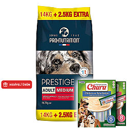 Pro Nutrition Prestige Orta Irk Yetişkin Köpek Maması 14 + 2,5 Kg (Toplam 16,5) + 2 Adet Inaba Churu Krema Ödül 8 x 20 Gr - Pro Nutrition