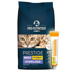Pro Nutrition - Pro Nutrition Prestige Sterilised Tavuk Etli Kısırlaştırılmış Kedi Maması 10 Kg + Gimcat 20 Gr Multivitamin Paste