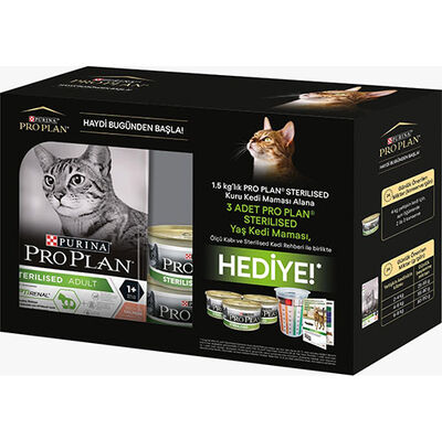 Pro Plan Box Kısırlaştırılmış Somon Balıklı Kedi Maması 1,5 Kg + 3 Adet Pro Plan Yaş Mama
