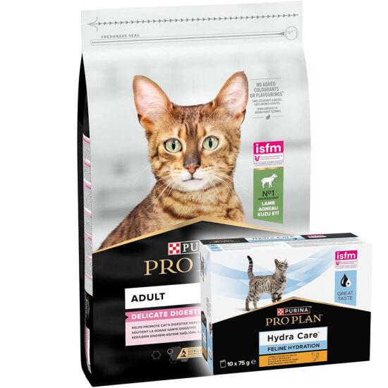 Pro Plan Delicate Kuzu Hassas Sindirim Kedi Maması 10 Kg + Hydra Care Yaş Mama 75 Gr x 10 Adet - 1