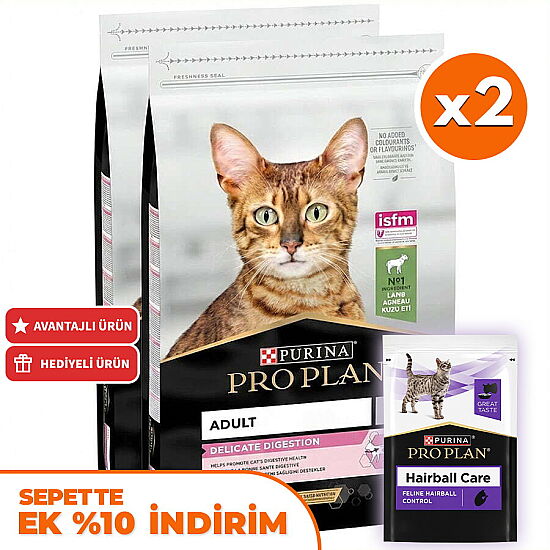 Pro Plan Delicate Kuzu Etli Hassas Sindirim Kedi Maması 10 Kg x 2 Adet + 35 Adet Pro Plan Hairball Pouch - 1