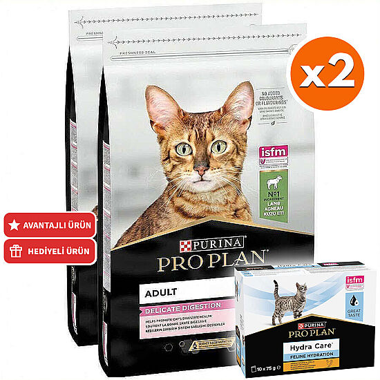 Pro Plan Delicate Kuzu Etli Hassas Sindirim Kedi Maması 10 Kg x 2 Adet + 3 Adet Hydra Care Yaş Mama - 1
