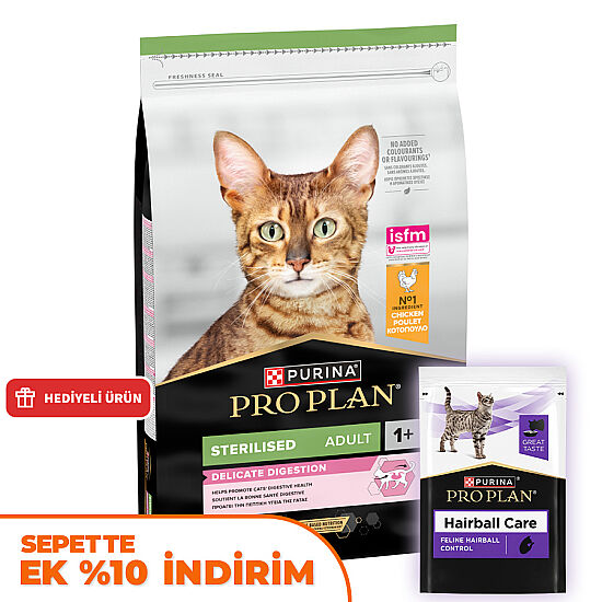 Pro Plan Delicate Tavuk Etli Hassas Sindirim Kısırlaştırılmış Kedi Maması 10 Kg + 14 Adet Pro Plan Hairball Pouch - 1