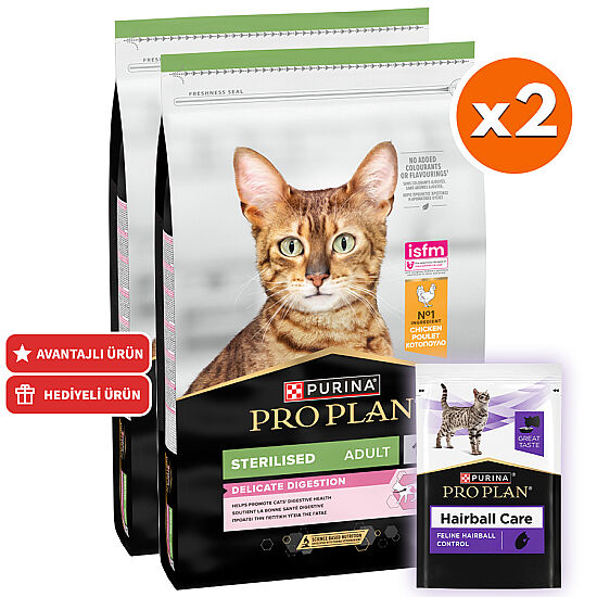 Pro Plan Delicate Tavuk Etli Hassas Sindirim Kısırlaştırılmış Kedi Maması 10 Kg x 2 Adet + 35 Adet Pro Plan Hairball Pouch - 2