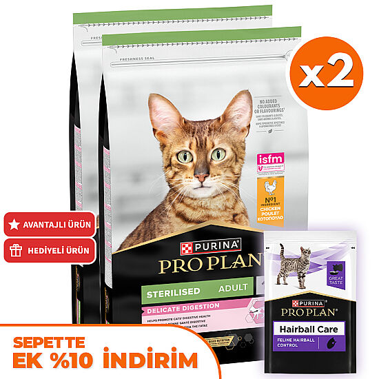 Pro Plan Delicate Tavuk Etli Hassas Sindirim Kısırlaştırılmış Kedi Maması 10 Kg x 2 Adet + 35 Adet Pro Plan Hairball Pouch - 1
