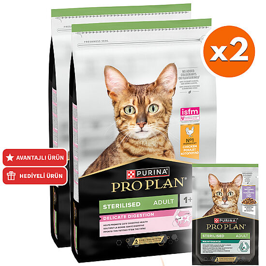 Pro Plan Delicate Tavuk Etli Hassas Sindirim Kısırlaştırılmış Kedi Maması 10 Kg x 2 Adet + 65 Adet Pro Plan Pouch Hindi 85 Gr - 1