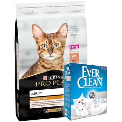 Pro Plan Derma Care Hassas Deri Somonlu Kedi Maması 10 Kg + Everclean 10 Lt Kedi Kumu