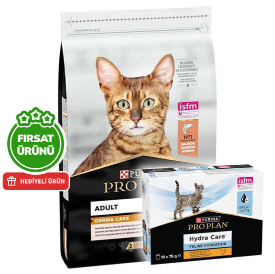 Pro Plan Derma Care Hassas Deri Somonlu Kedi Maması 10 Kg + Hydra Care Yaş Mama 75 Gr x 10 Adet - 1