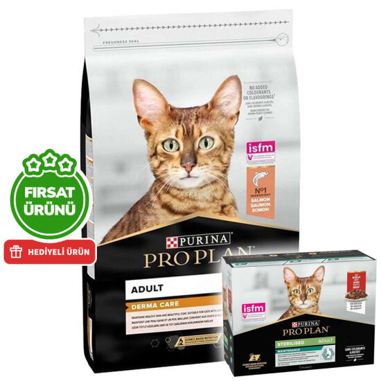 Pro Plan Derma Care Hassas Deri Somonlu Kedi Maması 10 Kg + Pro Plan Yaş Mama 85 Gr x 10 Adet - 1