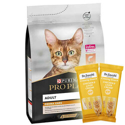 Pro Plan - Pro Plan Derma Care Hassas Deri Somonlu Yetişkin Kedi Maması 3 Kg + 2 Adet Dr Sacchi 4 lü Creamy Ödül