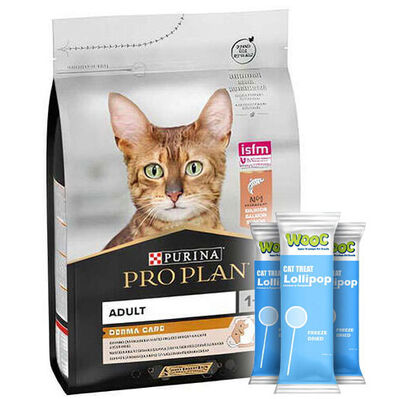 Pro Plan Derma Care Hassas Deri Somonlu Yetişkin Kedi Maması 3 Kg + 3 Adet Wooc Kedi Ödülü Lolipop