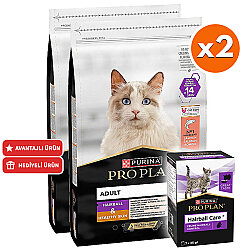 Pro Plan Hairball Healthy Skin Hassas Deri Somonlu Kedi Maması 10 Kg x 2 Adet + 5 Adet Hairball Care Yaş Mama - Pro Plan