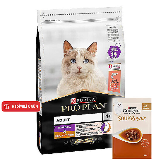 Pro Plan Hairball Healthy Skin Hassas Deri Somonlu Kedi Maması 3 Kg + 6 Adet Gourmet Çorba - 1