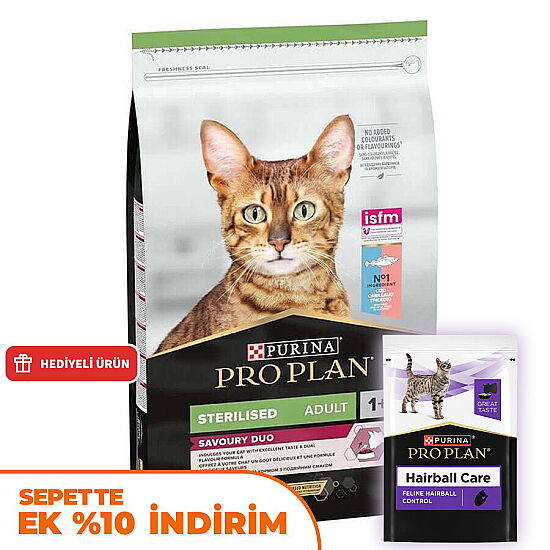 Pro Plan Kısırlaştırılmış Morina ve Alabalık Kedi Maması 10 Kg + 14 Adet Pro Plan Hairball Pouch - 1