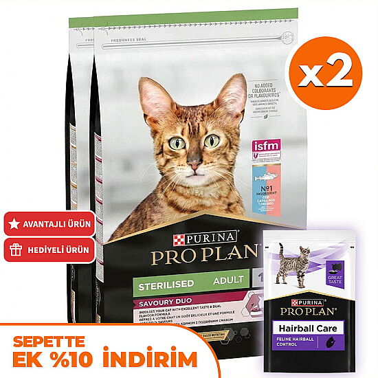 Pro Plan Kısırlaştırılmış Morina ve Alabalık Kedi Maması 10 Kg x 2 Adet + 35 Adet Pro Plan Hairball Pouch - 1