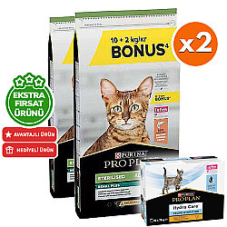 Pro Plan Kısırlaştırılmış Somon Balıklı Kedi Maması 10 + 2 Kg (Toplam 12 Kg) x 2 Adet + 3 Adet Hydra Care Yaş Mama - Pro Plan