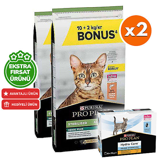 Pro Plan Kısırlaştırılmış Somon Balıklı Kedi Maması 10 + 2 Kg (Toplam 12 Kg) x 2 Adet + 3 Adet Hydra Care Yaş Mama - 1