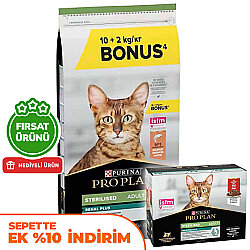 Pro Plan Kısırlaştırılmış Somon Balıklı Kedi Maması 10 + 2 Kg (Toplam 12 Kg) + Pro Plan Yaş Mama 85 Gr x 10 Adet - Pro Plan
