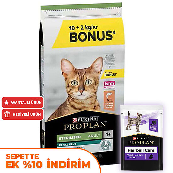 Pro Plan Kısırlaştırılmış Somon Balıklı Kedi Maması 10 + 2 Kg (Toplam 12 Kg) + 14 Adet Pro Plan Hairball Pouch - 1