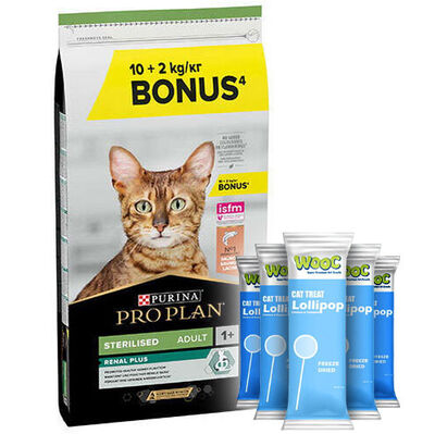 Pro Plan Kısırlaştırılmış Somon Balıklı Kedi Maması 10 + 2 Kg (Toplam 12 Kg) + 5 Adet Wooc Kedi Ödülü Lolipop
