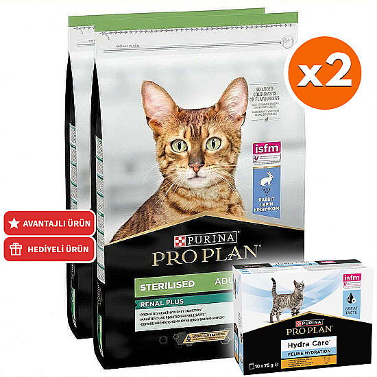 Pro Plan Kısırlaştırılmış Tavşanlı Kedi Maması 10 Kg x 2 Adet + 3 Adet Hydra Care Yaş Mama - 1