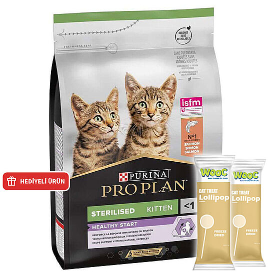 Pro Plan Kitten Sterilised Somonlu Kısırlaştırılmış Yavru Kedi Maması 3 Kg + 2 Adet Wooc Lolipop Ödül - 1